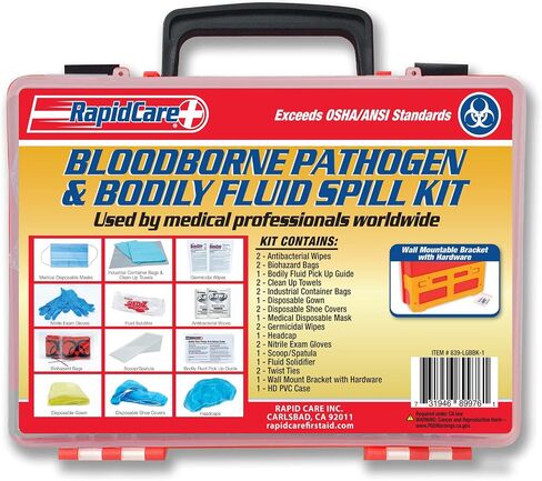 Rapid Care First Aid 839BBK-1 Premium Bloodborne Pathogen & Bodily Fluid Spill Kit, OSHA Compliant, Wall Mountable, 10" x 8" x 3 1/2" in Kuwait