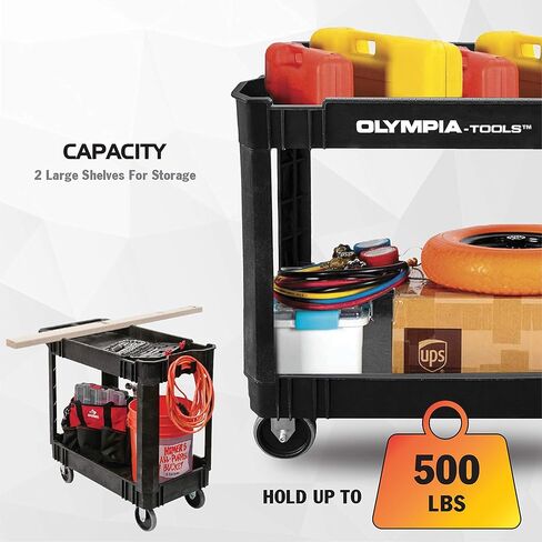 عربة أدوات دوارة باللون الأسود ذات رفين من Olympia Tools - تدعم ما يصل إلى 500 رطل، مقبض مريح - عربات شديدة التحمل بعجلات - رائعة للمستودعات والمرآب والتصنيع والتنظيف in Kuwait