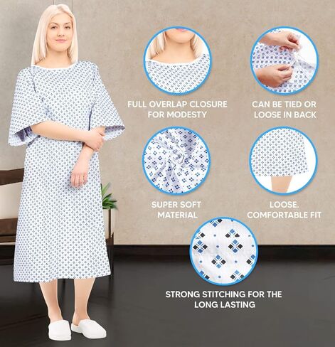 ثوب جديد للمريض للجنسين - مزيج قطن ممتاز - نسيج ناعم ومريح - ربطة أمامية خلفية - يناسب بسهولة مقاس يصل إلى 2XL - ثوب مستشفى متعدد الأغراض للرجال والنساء - قابل لإعادة الاستخدام وقابل للغسل - عبوتان in Kuwait