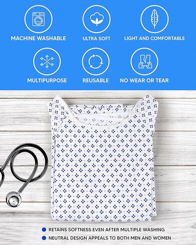 ثوب جديد للمريض للجنسين - مزيج قطن ممتاز - نسيج ناعم ومريح - ربطة أمامية خلفية - يناسب بسهولة مقاس يصل إلى 2XL - ثوب مستشفى متعدد الأغراض للرجال والنساء - قابل لإعادة الاستخدام وقابل للغسل - عبوتان in Kuwait