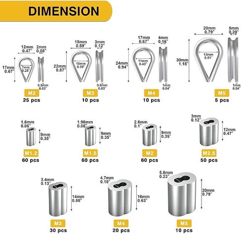 Sanuke 340 قطعة حبل سلك فولاذي مقاوم للصدأ كشتبانات ألومنيوم مجعد حلقة كم 3/64 بوصة 1/16 بوصة 5/64 بوصة 3/32 بوصة 3/16 بوصة لحبل الأسلاك الكشتبانات تزوير in Saudi Arabia