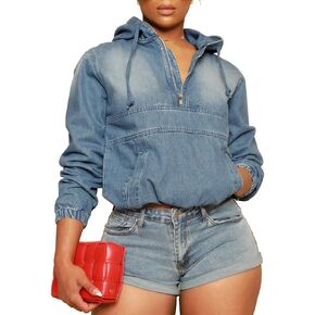 Women's Half Zip Denim Hoodie Pullover Jackets Jean Tops in Kuwait