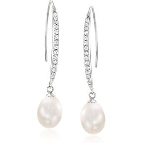 Ross-Simons 8x10mm Cultured Pearl and .38 ct. t.w. CZ Drop Earrings in Sterling Silver in Kuwait