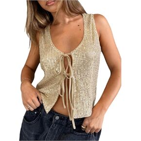 GORGLITTER Women's Sparkly Sequin Tank Tops Tie Front Deep V Neck Sleeveless Going Out Vest Top in Saudi Arabia