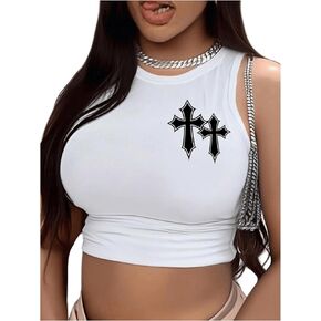 Women's Graphic Pattern Round Neck Vest Slim Fit Pullover Sleeveless Casual Crop Tank Top in Saudi Arabia