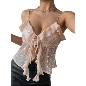 MakeMeChic Women's Sequin Sparkly V Neck Cami Tops Tie Front Ruffle Party Tank Crop Tops in Kuwait