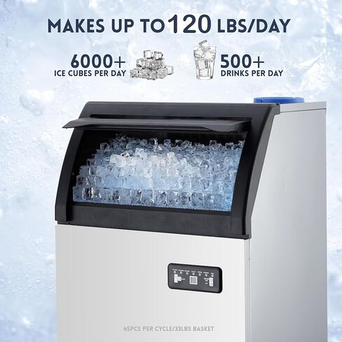 Commercial Ice Maker Machine, 265lbs/24H, 55lbs Storage, 126 Ice Cubes in 12-15 Min, Single Water Inlet, Efficient Ice Production, Ice Machine, LED Display, for Home Bar Office Party in Saudi Arabia