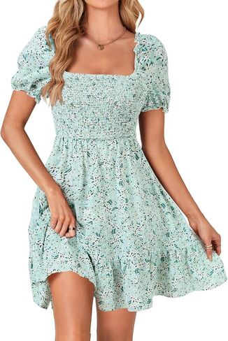Rooscier Women's Summer Boho Floral Print Square Neck Smocked Ruffle Swing Beach Mini Dress in Kuwait
