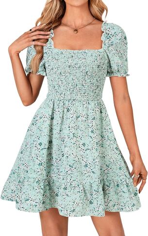 Rooscier Women's Summer Boho Floral Print Square Neck Smocked Ruffle Swing Beach Mini Dress in Kuwait