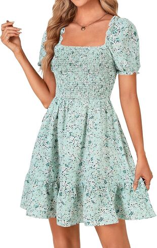 Rooscier Women's Summer Boho Floral Print Square Neck Smocked Ruffle Swing Beach Mini Dress in Kuwait