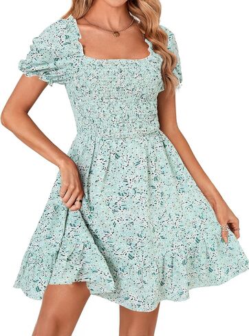 Rooscier Women's Summer Boho Floral Print Square Neck Smocked Ruffle Swing Beach Mini Dress in Kuwait