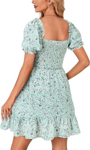 Rooscier Women's Summer Boho Floral Print Square Neck Smocked Ruffle Swing Beach Mini Dress in Kuwait