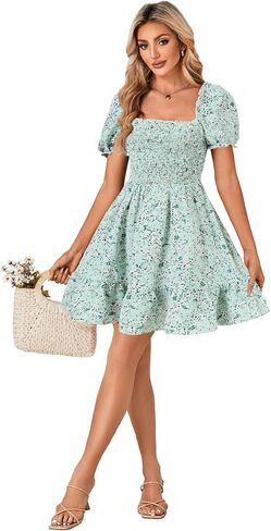 Rooscier Women's Summer Boho Floral Print Square Neck Smocked Ruffle Swing Beach Mini Dress in Kuwait