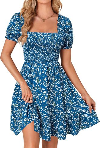 Rooscier Women's Summer Boho Floral Print Square Neck Smocked Ruffle Swing Beach Mini Dress in Kuwait