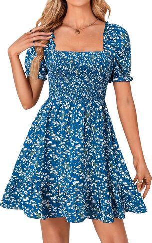 Rooscier Women's Summer Boho Floral Print Square Neck Smocked Ruffle Swing Beach Mini Dress in Kuwait