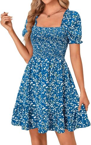 Rooscier Women's Summer Boho Floral Print Square Neck Smocked Ruffle Swing Beach Mini Dress in Kuwait