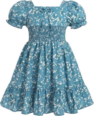 Girl Floral Puffy Sleeve Smocked Waist Dress Square Neck A-Line Midi Sundress Kid Ruffle Summer Twirl Swing Beachwear in Saudi Arabia