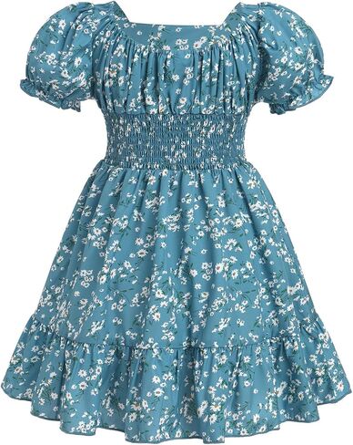 Girl Floral Puffy Sleeve Smocked Waist Dress Square Neck A-Line Midi Sundress Kid Ruffle Summer Twirl Swing Beachwear in Saudi Arabia