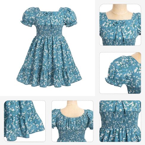 Girl Floral Puffy Sleeve Smocked Waist Dress Square Neck A-Line Midi Sundress Kid Ruffle Summer Twirl Swing Beachwear in Saudi Arabia