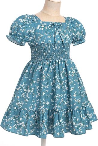 Girl Floral Puffy Sleeve Smocked Waist Dress Square Neck A-Line Midi Sundress Kid Ruffle Summer Twirl Swing Beachwear in Saudi Arabia