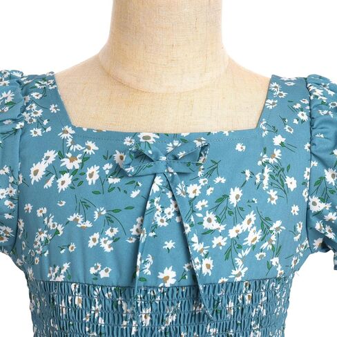 Girl Floral Puffy Sleeve Smocked Waist Dress Square Neck A-Line Midi Sundress Kid Ruffle Summer Twirl Swing Beachwear in Saudi Arabia