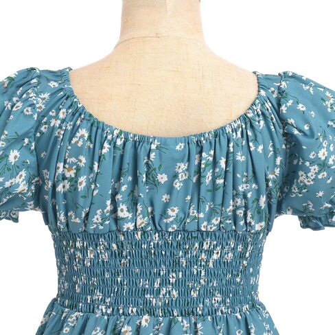 Girl Floral Puffy Sleeve Smocked Waist Dress Square Neck A-Line Midi Sundress Kid Ruffle Summer Twirl Swing Beachwear in Saudi Arabia