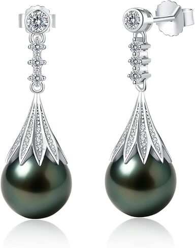 Tahitian Black Pearl Earrings, 9-10mm AAA Handpicked Natural Black Pearl Stud Earrings with D Color Moissanite & 18K White Gold Plated Sterling Silver, Luxury Gifts for Women, Mother, Girlfriend, Anniversary, Birthday, Valentines, Mothers Day in Kuwait