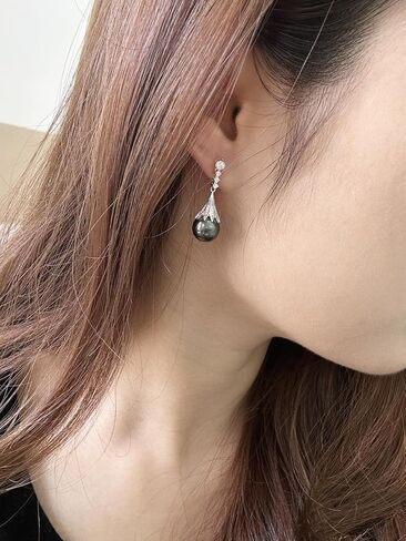 Tahitian Black Pearl Earrings, 9-10mm AAA Handpicked Natural Black Pearl Stud Earrings with D Color Moissanite & 18K White Gold Plated Sterling Silver, Luxury Gifts for Women, Mother, Girlfriend, Anniversary, Birthday, Valentines, Mothers Day in Kuwait