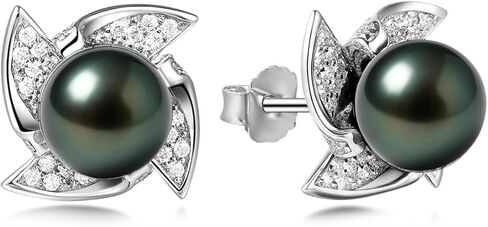 Tahitian Black Pearl Earrings, 9-10mm AAA Handpicked Natural Black Pearl Stud Earrings with D Color Moissanite & 18K White Gold Plated Sterling Silver, Luxury Gifts for Women, Mother, Girlfriend, Anniversary, Birthday, Valentines, Mothers Day in Kuwait