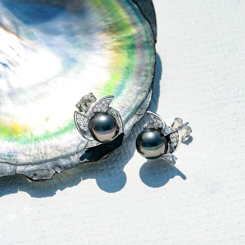 Tahitian Black Pearl Earrings, 9-10mm AAA Handpicked Natural Black Pearl Stud Earrings with D Color Moissanite & 18K White Gold Plated Sterling Silver, Luxury Gifts for Women, Mother, Girlfriend, Anniversary, Birthday, Valentines, Mothers Day in Kuwait