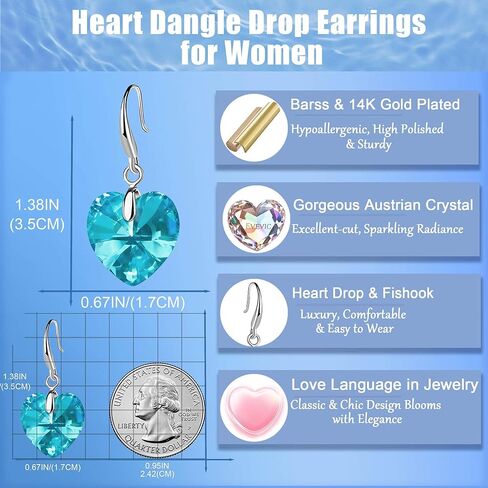 Austrian Crystal Heart Dangle Hook Earrings for Women Drop Earrings 14K Gold Plated Hypoallergenic Jewelry in Kuwait