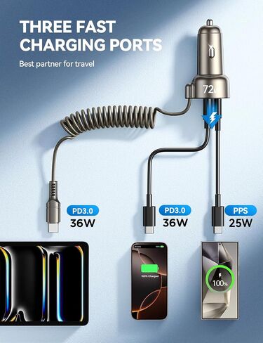 شاحن سيارة USB C بقوة 72 وات لهاتف iPhone 16/15، كابل ملفوف من النوع C سريع الشحن بقدرة 36 ​​وات لهاتف iPhone 16/15 Pro Max Plus/Samsung S24 Ultra/S24+/S23/S22، محول شاحن هاتف السيارة لأجهزة Pixel/Android، iPad Pro in Kuwait