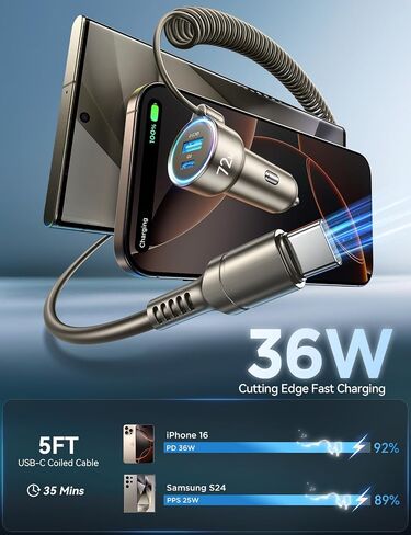 شاحن سيارة USB C بقوة 72 وات لهاتف iPhone 16/15، كابل ملفوف من النوع C سريع الشحن بقدرة 36 ​​وات لهاتف iPhone 16/15 Pro Max Plus/Samsung S24 Ultra/S24+/S23/S22، محول شاحن هاتف السيارة لأجهزة Pixel/Android، iPad Pro in Kuwait