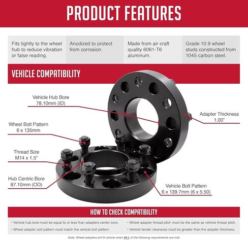 Wheel Accessories Parts 2 Pcs Hub Centric Wheel Spacers 6 on 5.50" to 6 on 135mm 1.00 Inch Thick M14x1.5 14x1.5 Thread Stud Adapts Ford F150 Wheels to Chevy GMC 1500 Vehicles in Saudi Arabia