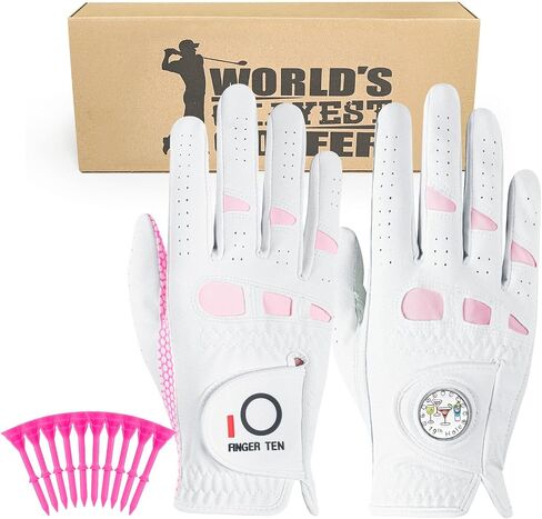 FINGER TEN Golf Gloves Women Left Hand for Right Handed Golfer Leather with Ball Marker 10 Pink Tees 3 1/4 Inch Gift Box in Saudi Arabia