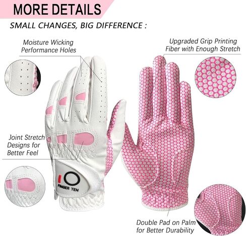 FINGER TEN Golf Gloves Women Left Hand for Right Handed Golfer Leather with Ball Marker 10 Pink Tees 3 1/4 Inch Gift Box in Saudi Arabia
