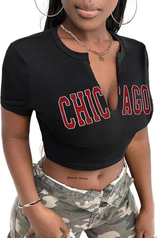 LovelyWholesale Graphic Crop Tops for Womens Sexy V Neck T Shirts Summer Short Sleeve Tops in Saudi Arabia