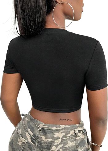 LovelyWholesale Graphic Crop Tops for Womens Sexy V Neck T Shirts Summer Short Sleeve Tops in Saudi Arabia