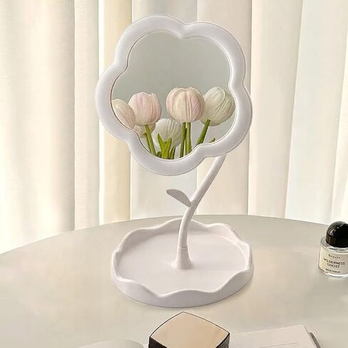 Floral Vanity Mirror with Jewelry Tray - 7.5" Adjustable Makeup Mirror, Boho Home Decor for Dresser/Desk, Bridesmaid Gift & Aesthetic Instagram Decor (Matte White) in Saudi Arabia