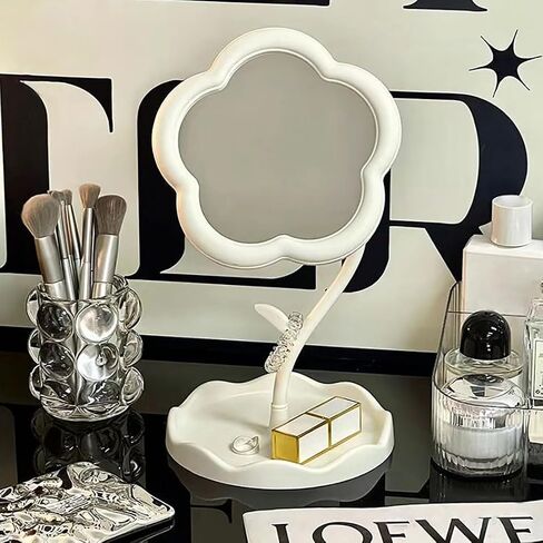Floral Vanity Mirror with Jewelry Tray - 7.5" Adjustable Makeup Mirror, Boho Home Decor for Dresser/Desk, Bridesmaid Gift & Aesthetic Instagram Decor (Matte White) in Saudi Arabia