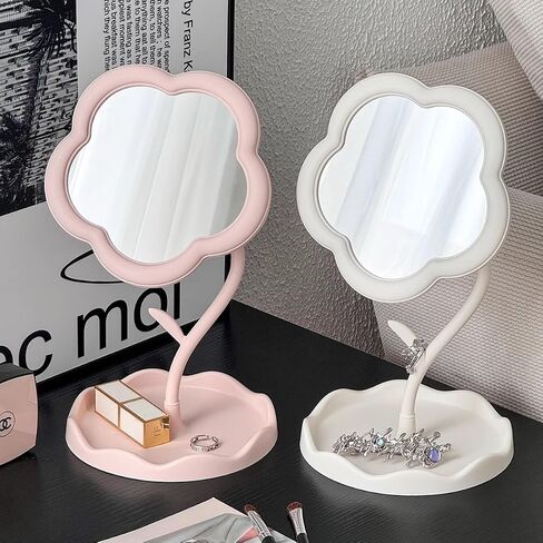Floral Vanity Mirror with Jewelry Tray - 7.5" Adjustable Makeup Mirror, Boho Home Decor for Dresser/Desk, Bridesmaid Gift & Aesthetic Instagram Decor (Matte White) in Saudi Arabia