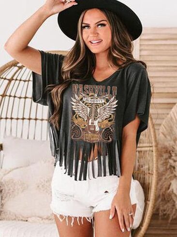 Nashville Tshirt for Women Country Concert Fringe Tops Country Music Shirts Short Sleeve Cowgirl Graphic Tees in Kuwait