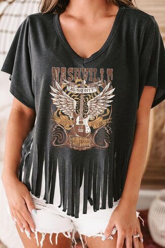 Nashville Tshirt for Women Country Concert Fringe Tops Country Music Shirts Short Sleeve Cowgirl Graphic Tees in Kuwait