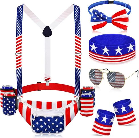 Jansun 6 Pcs Fourth of July Patriotic Beverage Beer Belt Holder Set USA Belt Bag American Fanny Pack with Suspenders Drink Holder American Flag Headband Wristband Sunglasses Classic Costume in Saudi Arabia