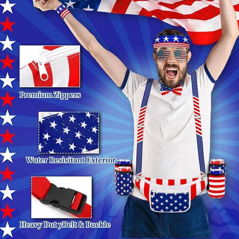 Jansun 6 Pcs Fourth of July Patriotic Beverage Beer Belt Holder Set USA Belt Bag American Fanny Pack with Suspenders Drink Holder American Flag Headband Wristband Sunglasses Classic Costume in Saudi Arabia