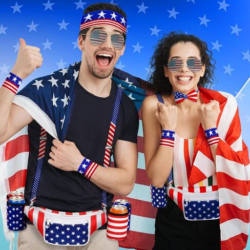 Jansun 6 Pcs Fourth of July Patriotic Beverage Beer Belt Holder Set USA Belt Bag American Fanny Pack with Suspenders Drink Holder American Flag Headband Wristband Sunglasses Classic Costume in Saudi Arabia