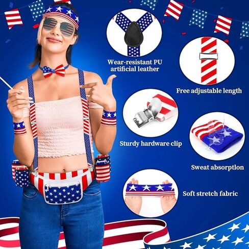 Jansun 6 Pcs Fourth of July Patriotic Beverage Beer Belt Holder Set USA Belt Bag American Fanny Pack with Suspenders Drink Holder American Flag Headband Wristband Sunglasses Classic Costume in Saudi Arabia