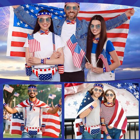 Jansun 6 Pcs Fourth of July Patriotic Beverage Beer Belt Holder Set USA Belt Bag American Fanny Pack with Suspenders Drink Holder American Flag Headband Wristband Sunglasses Classic Costume in Saudi Arabia