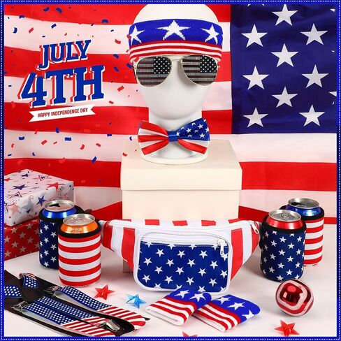 Jansun 6 Pcs Fourth of July Patriotic Beverage Beer Belt Holder Set USA Belt Bag American Fanny Pack with Suspenders Drink Holder American Flag Headband Wristband Sunglasses Classic Costume in Saudi Arabia