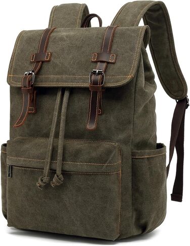 HuaChen Vintage High-Density Canvas Laptop Backpack With Leather Trim, Multi-Pocket Travel Rucksack For Laptop, Durable Hiking & Commuter Bag - M83 Green in Kuwait